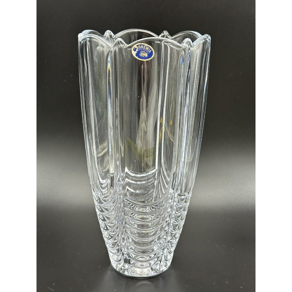 Czech Republic Bohemian Scalloped Top Ribbed Crystal‎ Clear Vase 10" Art Deco